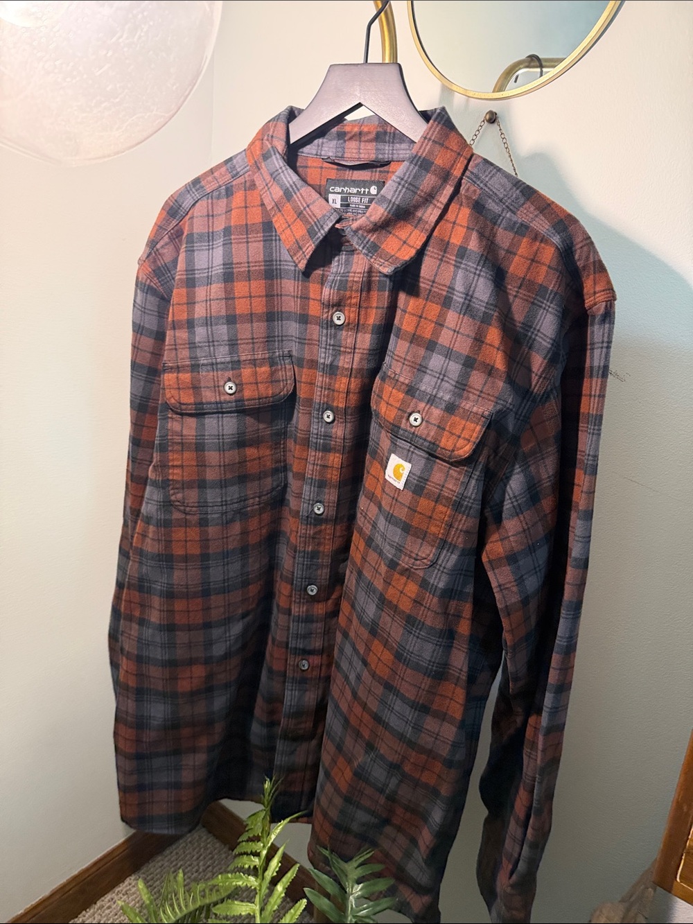 Carhartt Men’s Rust and Gray Plaid Flannel Button-Down Shirt